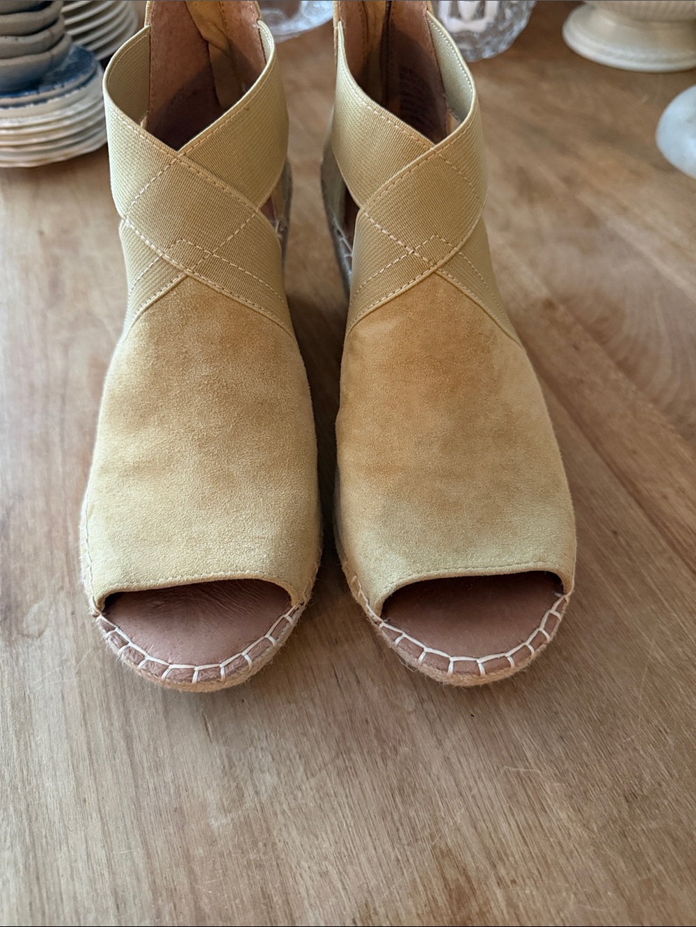 gentle souls Yellow Suede Peep-Toe Espadrille Wedge Sandals